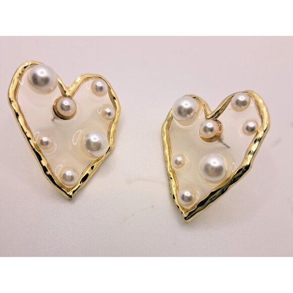 Heart Shape Faux Pearl Ladies Earrings Gold Tone - Picture 1 of 2